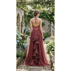 Vintage 1980s Tulle Formal Gown Halter V Neck Tulle Overlay Cascade Ruffle Rust